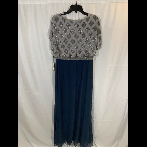 NWT Adrianna Papell Beaded Colorblock Blouson‎ Gown in Silver/Navy [SZ 10 ] - Picture 7 of 11